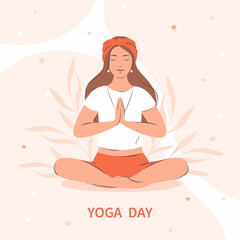 Yoga day. Woman meditating, practicing yoga. Vector illustration.