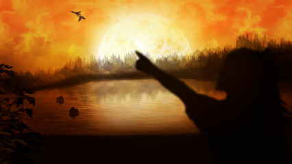 Magic landscape with a bright setting sun and a little girl pointing at the flying ducks. A warm fairytale background with a wide river and a spruce forest, with dark bushes and high grass.