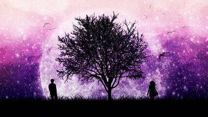 Fabulous romantic landscape with a purple starry sky and a couple of people standing between a large tree. A fairytale meeting against the backdrop of a magic space, fluffy clouds and big bright moon.