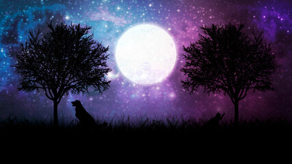 Magical illustration with animals, silhouette of a cat and a dog under a tree against the background of a beautiful blue-purple cosmic sky. A fairytale landscape with a big bright moon and stars.