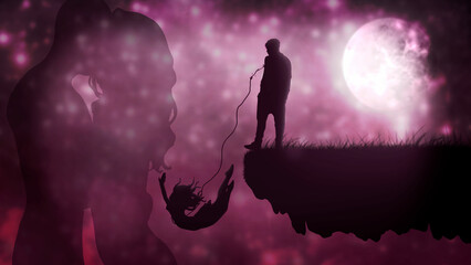 Romantic sorrowful illustration, silhouette of a guy standing on the edge with a broken thread from his chest and a girl jumping into the abyss against the background of a purple starry sky.