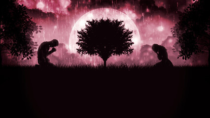 Sad romantic illustration with outlines of lonely people sitting in the rain on the grass under a tree. Silhouettes of men and women against a dark crimson sky with fluffy clouds and a bright big moon