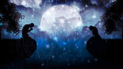 Sad romantic illustration, silhouettes of men and women sitting in the rain, outlines of lonely people on small islands against a dark blue night sky with fluffy clouds and a bright big moon.