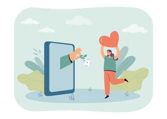 Hand coming out of phone screen and giving flower to tiny woman. Cheerful girl holding heart flat vector illustration. Online dating, technology, love, communication concept for banner, website design