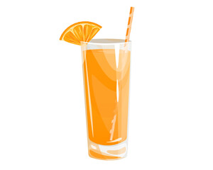 A glass of orange juice and a slice of orange.Vector illustration isolated on a white background.The design concept of a web page,advertising,menu.