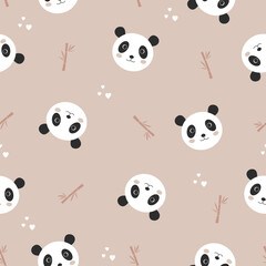 Obraz premium Cute cartoon panda and bamboo seamless pattern. Baby funny print animals. Vector illustration panda portrait pink background. Nursery design for fabric, packaging, scrapbooking. Happy panda. 
