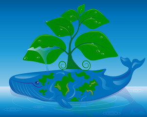 Illustration of the ecology of our world. The whale personifies the planet earth in the ocean, an ecology tree grows on it. Let's save our beautiful nature together.