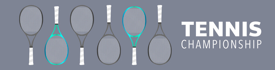 Tennis racket set with copy space foe text, tennis symbols flat modern design, isolated on blue background, illustration Vector EPS 10