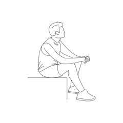 Man alone sitting, continuous line, line art style, minimalist, vector illustration for t-shirts, graphic design for social media.