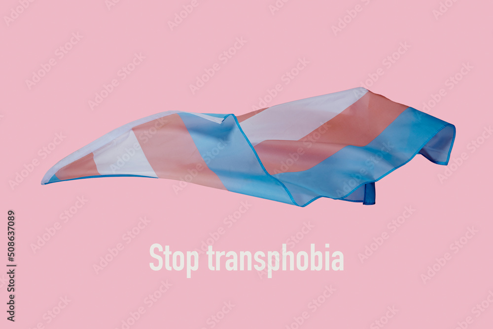 Sticker text stop transphobia and transgender pride flag