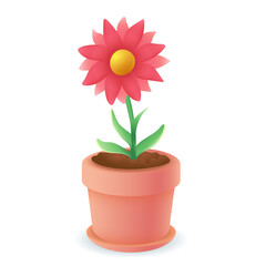 Naklejka na ściany i meble 3d cartoon style flower in pot icon on white background. Realistic plant in pot with leaves flat vector illustration. Gardening, nature, foliage, growth, ecology concept