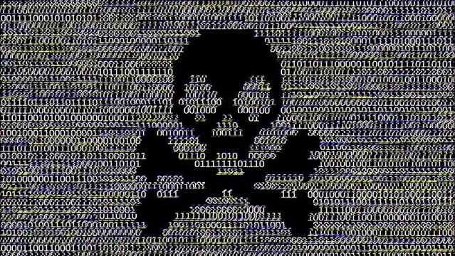 Malware source code. Skull and crossbones binary numbers with glitch effect. Seamless loop animation