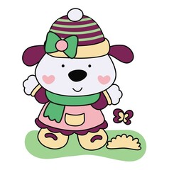 Cheerful little dog with hat and scarf