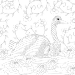 Bird coloring page, antistress coloring sheet. Swan on the lake with flowers.