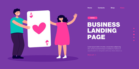Boy holding ace of hearts and stretching it to happy girl. Male child declaring his love to girlfriend flat vector illustration. Gamble, love concept for banner, website design or landing web page