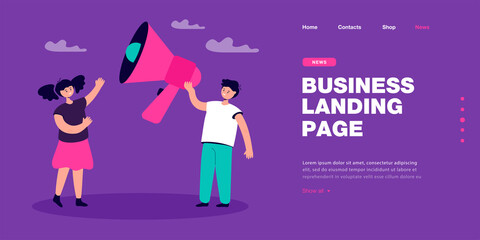 Cute boy and girl making announcement through huge megaphone. Caucasian and black students holding loudspeaker flat vector illustration. Communication, education, information concept for banner