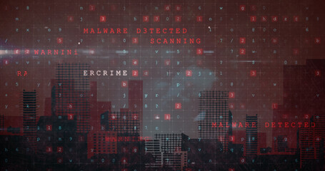 Obraz premium Image of cyber attack warning over cityscape on red background