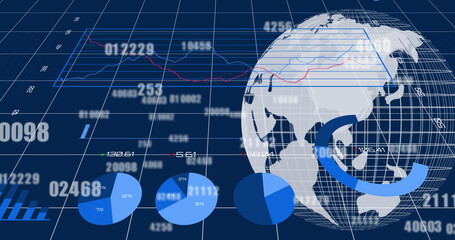 Image of finanvial data processing and globe over blue background