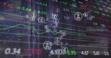 Image of icons, stock market and data processing over server room