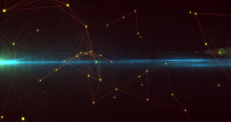 Fototapeta premium Image of network of connections with green light moving on black background