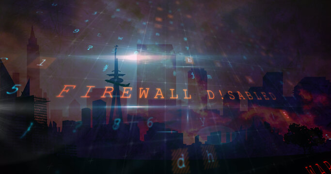 Image of cyber attack warning over cityscape on red background