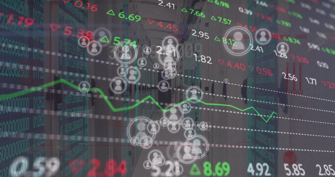 Image of icons, stock market and data processing over server room - Powered by Adobe