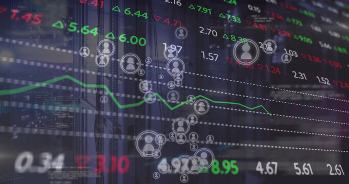 Image of icons, stock market and data processing over server room