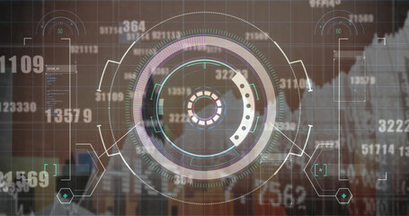 Image of financial data, graphs and processing circle over cityscape