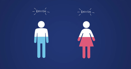 Image of register now text, man and woman pictograms filling with colour on blue background