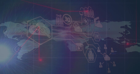 Image of icons and connections over world map