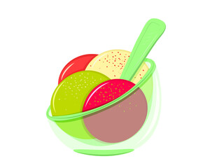 Glass bowl with ice cream balls in retro colors