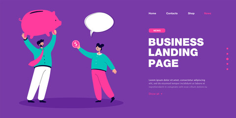 Girl stretching dollar coin to father holding piggy bank. Man teaching kid basics of money and savings flat vector illustration. Financial literacy concept for banner, website design, landing web page