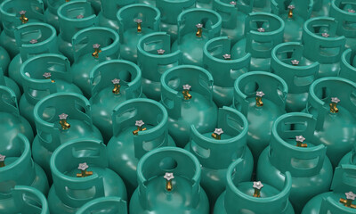 Lots of turquoise gas cylinders , 3d render