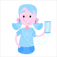 A girl with blue hair holds a phone in her hands and listens to music