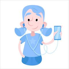 A girl with blue hair holds a phone in her hands and listens to music