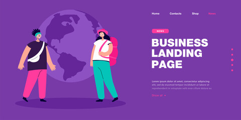 Female travelers from different countries in front of globe. Women of different cultures flat vector illustration. Traveling, tourism, global communication concept for banner or landing web page