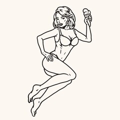 Sunbathes woman vintage monochrome sketch