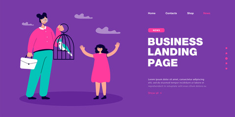 Happy daughter looking at mother holding birdcage with parrot. Woman giving exotic bird to girl flat vector illustration. Pets, family, childhood concept for banner, website design or landing web page