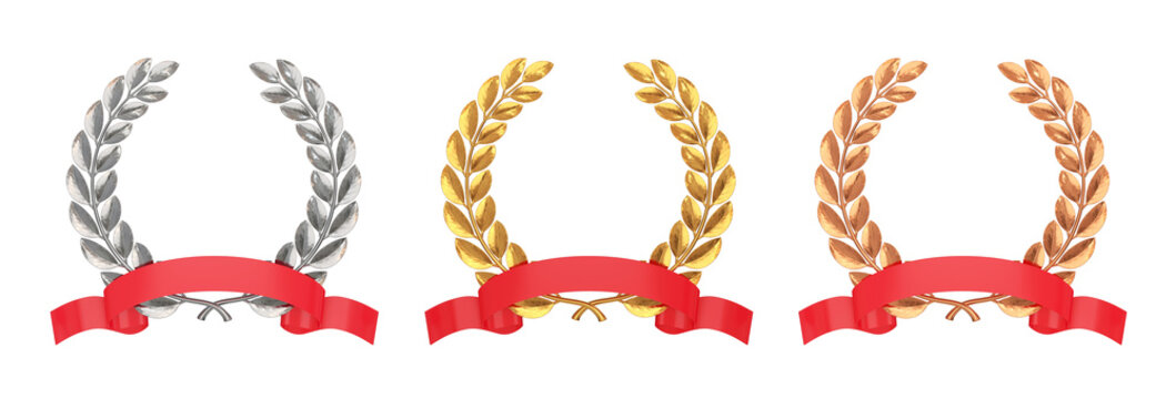 Set of laurel wreaths gold, silver, bronze with red ribbon, 3d render