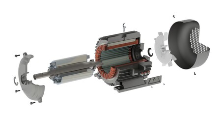 Electric motor, section exploded view 3D rendering isolated on white background