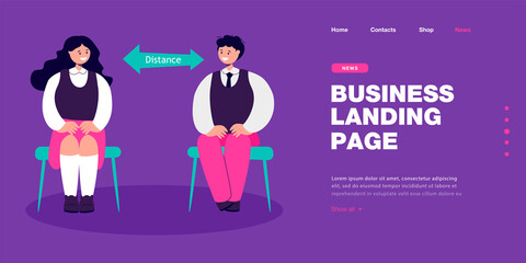 Children sitting on chairs at safe physical distance. Coronavirus protection for kids flat vector illustration. School safety, social distancing concept for banner, website design or landing web page