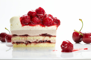 Fresh delicious cherry cake on white background