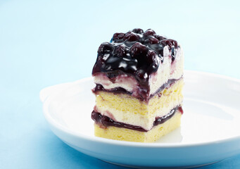 Fresh delicious blueberry cake on white background