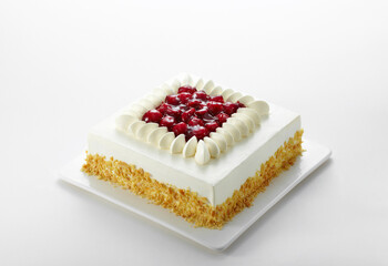Fresh delicious cherry cake on white background