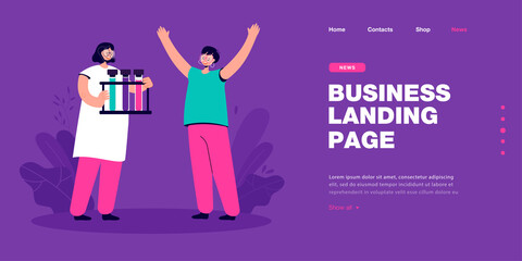 Female person holding test tubes. Women happy to achieve success in science or medicine flat vector illustration. Making chemical experiments concept for banner, website design or landing web page