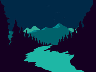 Cosmic night time mountain scene and river in a neon retro style