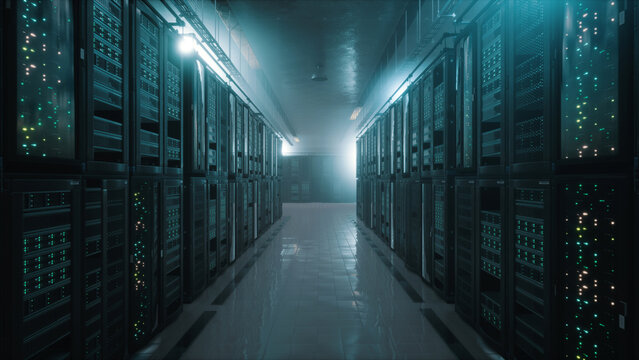 3D render of low-lit server room. Large racks with servers. Big data and remote cloud computing concept