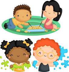 a vector of many kids playing art and craft together