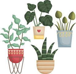 a vector of many types of plants in many pots