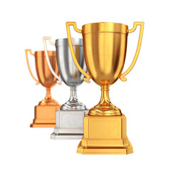 Set of trophy cups victory symbol gold silver bronze on white background, 3d render